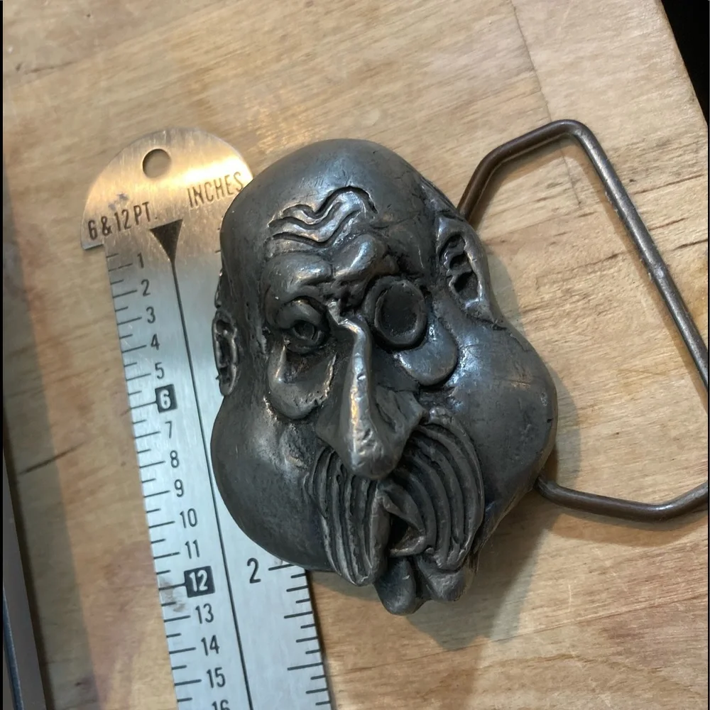 Face belt buckle bald man monocle Vintage pewter Indiana Metal Craft